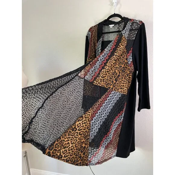 Avenue Womens Plus 26/28 Cardigan Duster Mix Media Animal Print Lace Mid Length - Picture 10 of 12